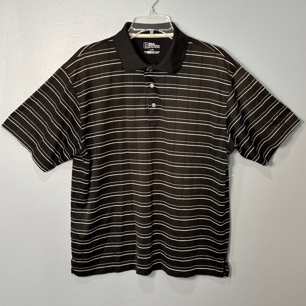 PGA Tour Polo Shirt Mens Large Black‎ Polyester Striped Classic Golf Performance